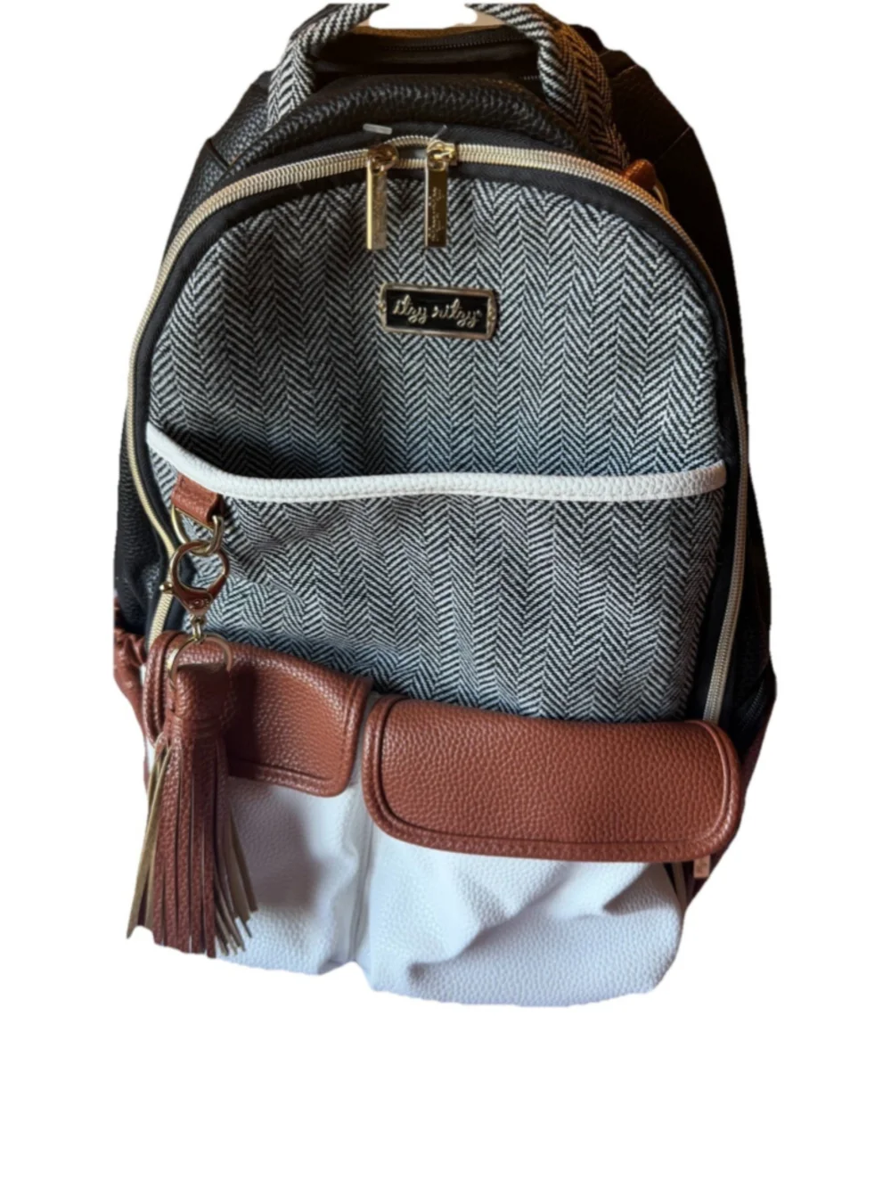 Itzy Ritzy Diaper Bag Large Boss Backpack Bottle Pocket Herringbone Coffee Cream